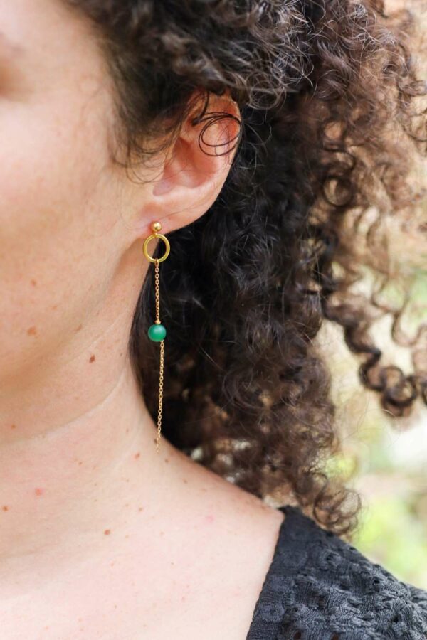 BOUCLES D'OREILLES ASSYMETRIQUE VERTE ET ANNEAU