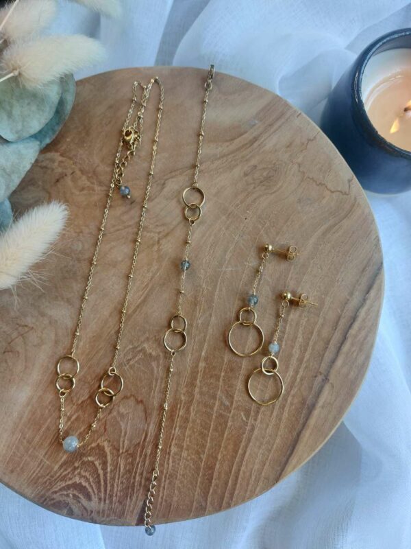 ensemble boucles d'oreilles collier et bracelet en labradorite