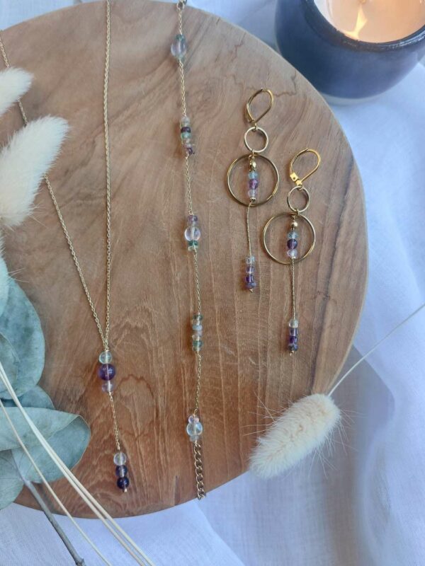 ensemble boucles d'oreilles, collier et bracelet en fluorite