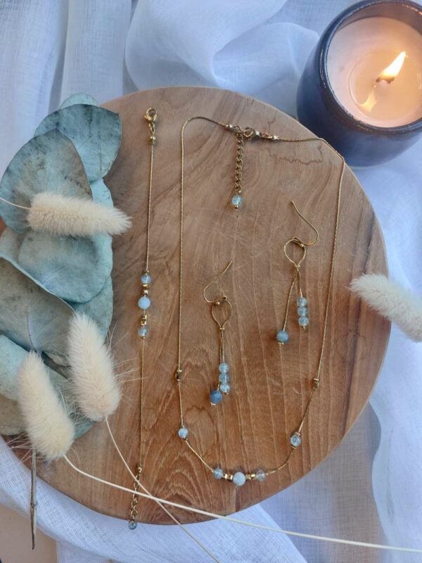 ensemble en aigue marine: boucles d'oreilles, collier, bracelet