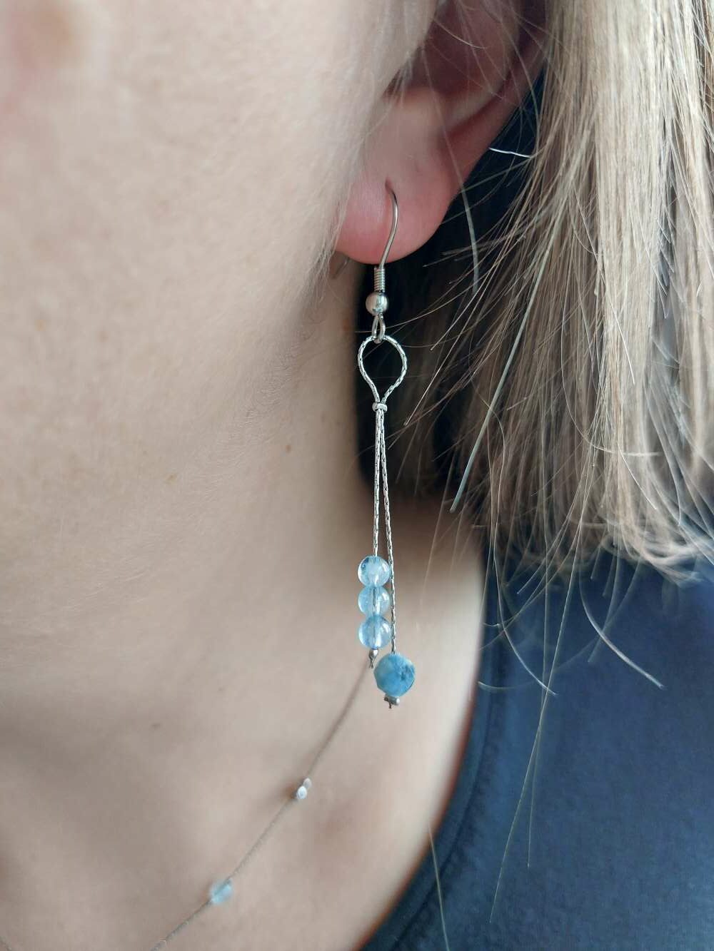 boucles d'oreilles pendante avec aigue marine