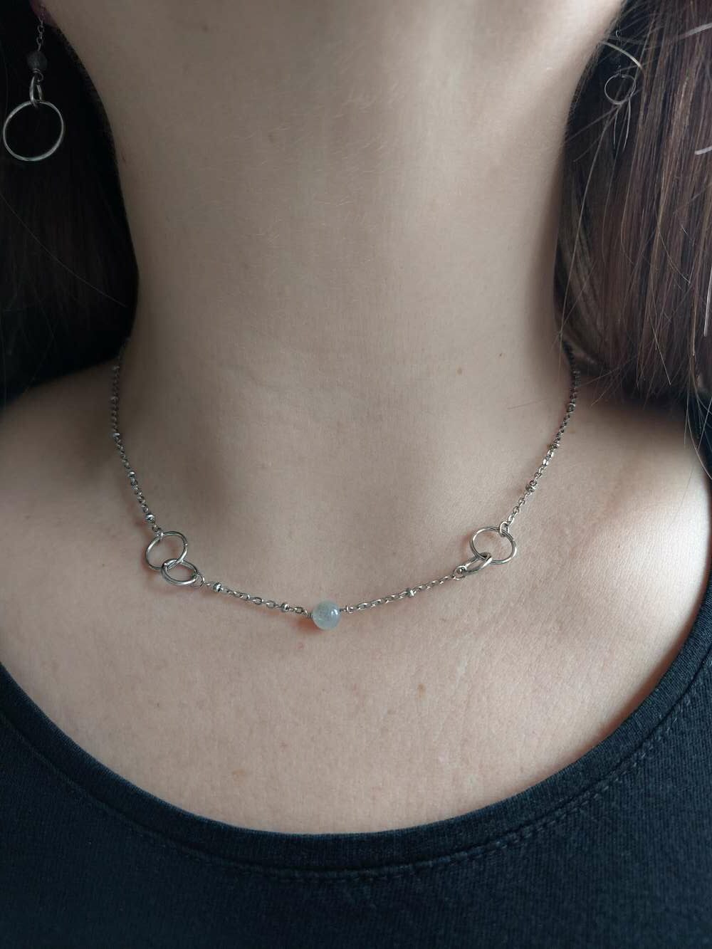 collier ras de cou en acier inoxydable argenté et labradorite
