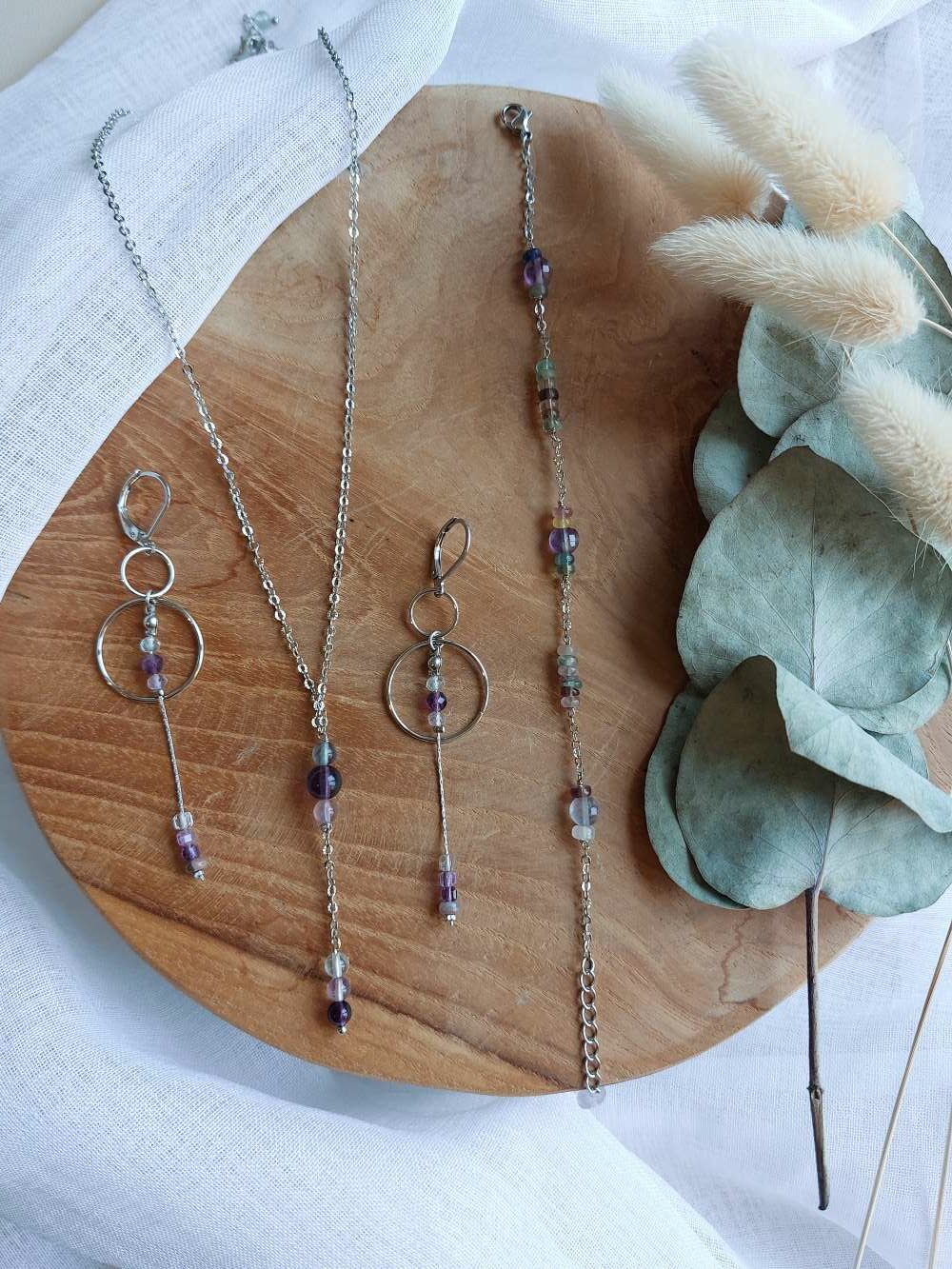 collier bracelet et boucles d'oreilles en fluorite