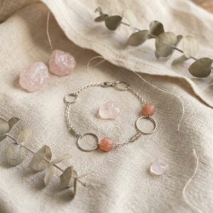 bracelet quartz rose fraise et améthyste sur acier argenté