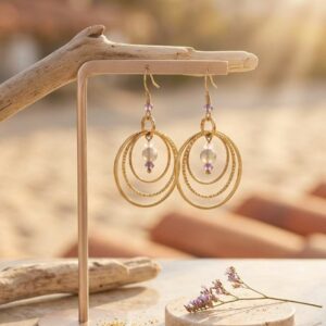 Boucles d'oreilles ronde et pendante avec labradorite, quartz rose et améthyste