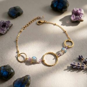 Bracelet cercle avec améthyste, labradorite quartz rose