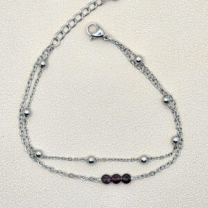 bracelet argenté double chaine et avec perle bordeau
