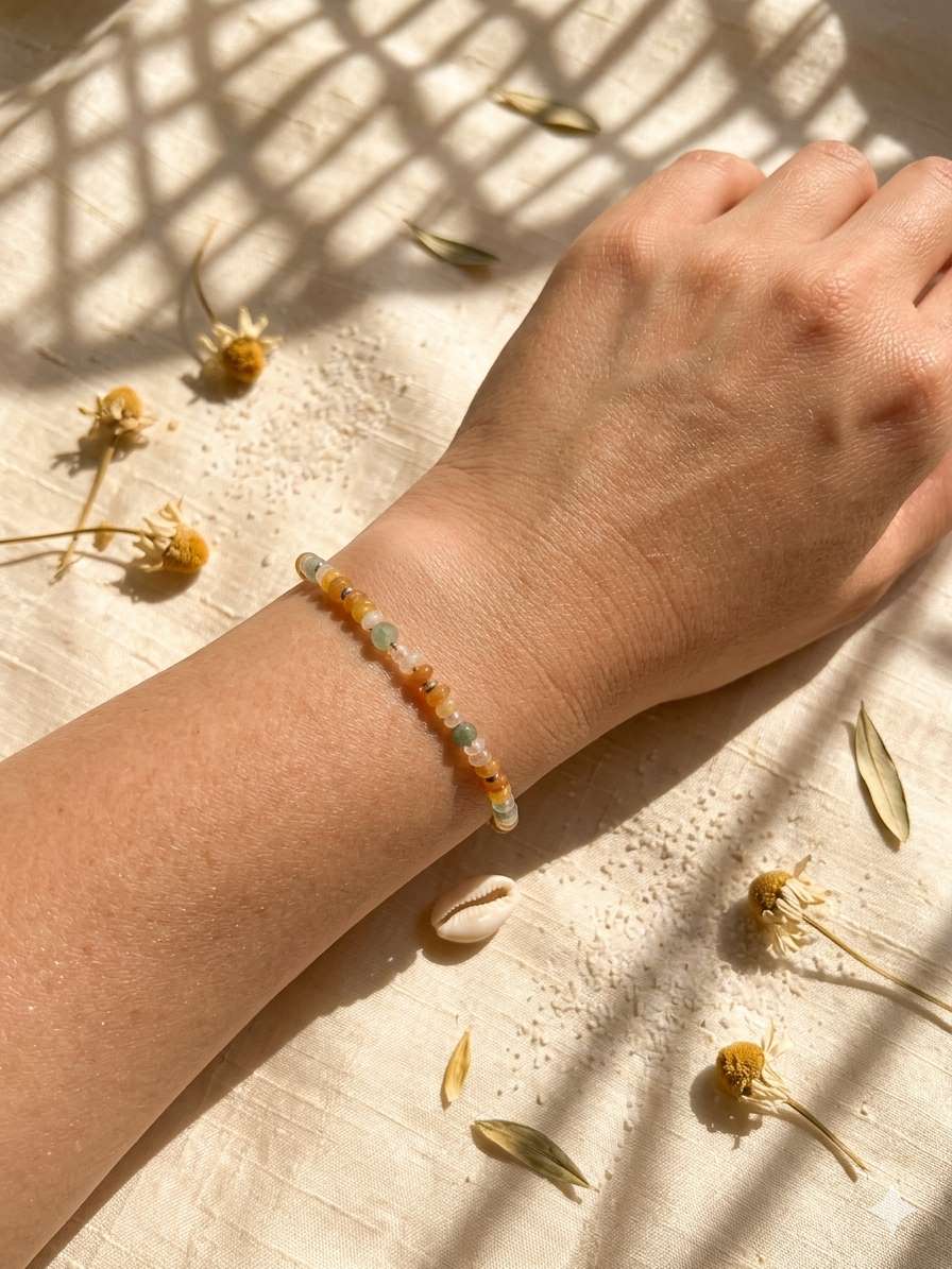 Bracelet avec perles de pierre naturelles en doré