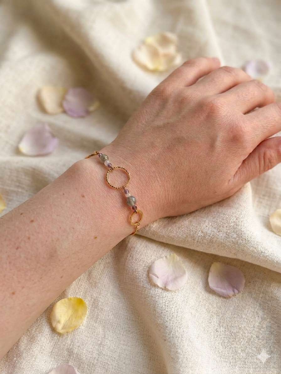 Bracelet en labradorite, améthyste et quartz rose