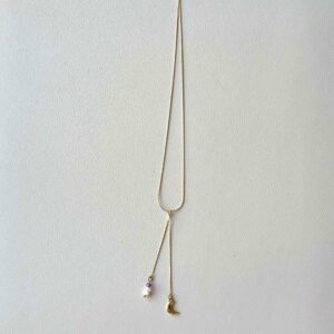 Collier doré en Y avec améthyste, nacre et cristal de roche avec lune