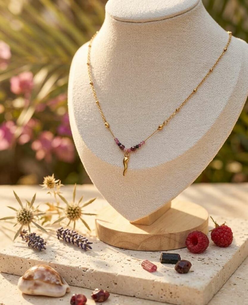 Collier mi long avec tourmaline et grenat avec piment au centre