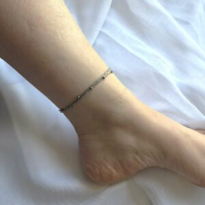 bracelet de cheville en acier inoxydable argenté et bleu
