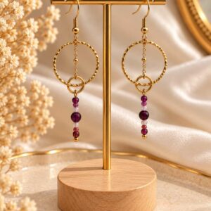 boucles d'oreilles pendantes avec cercles et pierre