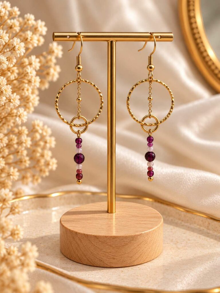 boucles d'oreilles pendantes avec cercles et pierre