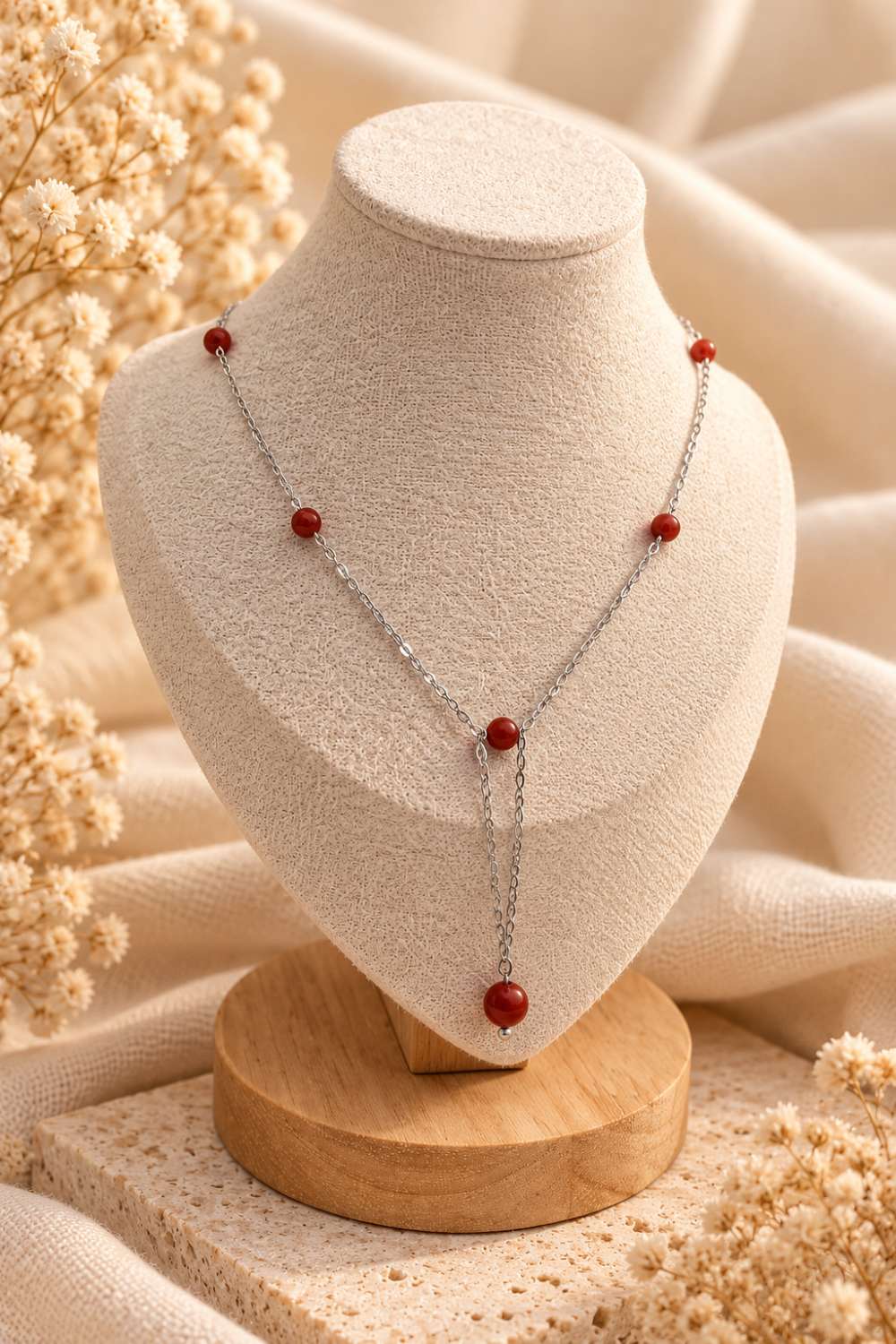 Collier fait main avec pierre naturelle rouge brique