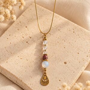 collier Y avec pierre de lune quartz rose et quartz fraise