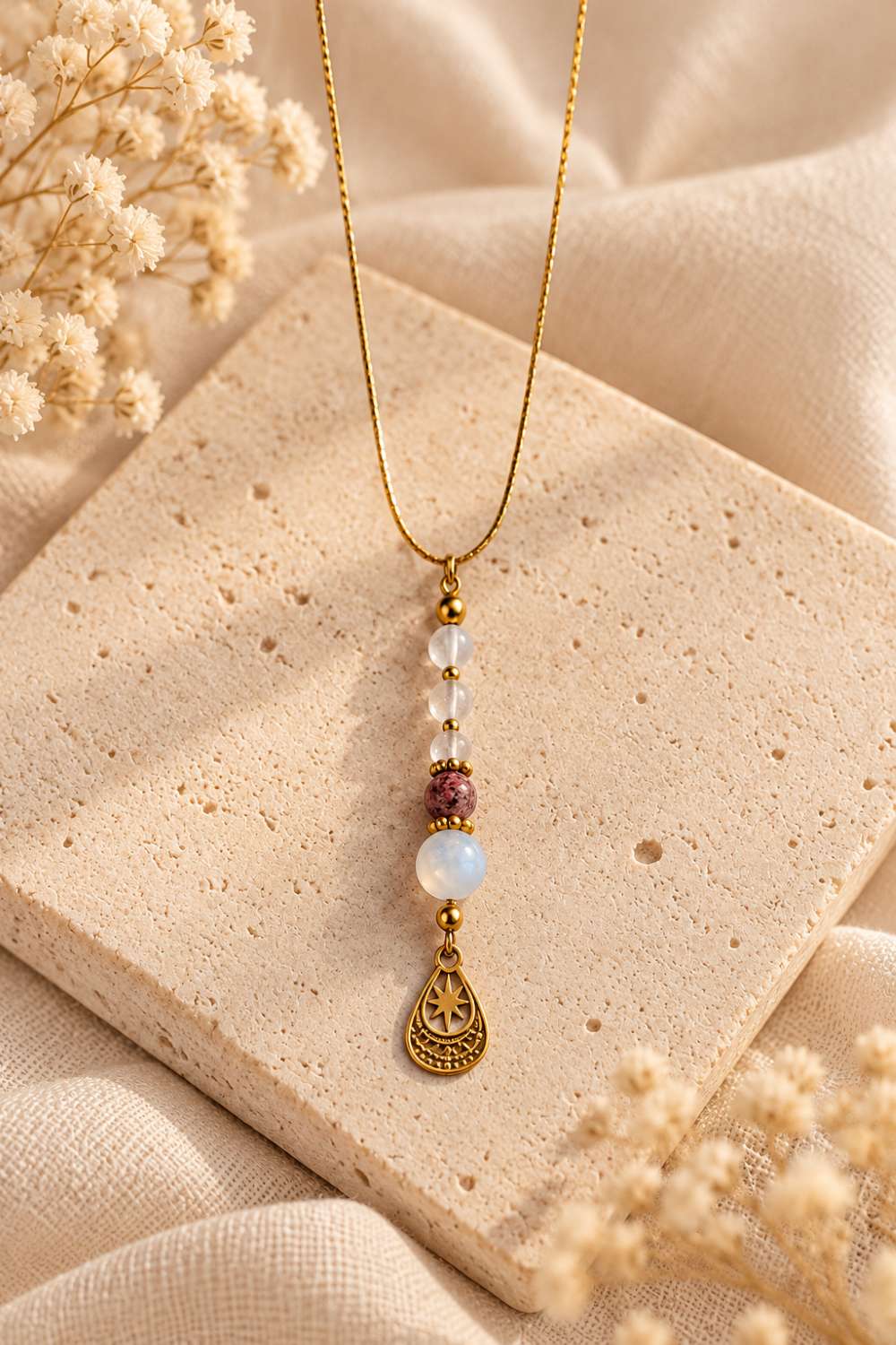collier Y avec pierre de lune quartz rose et quartz fraise