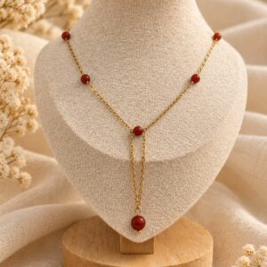 collier Y fait main avec des perles de jaspes rouges