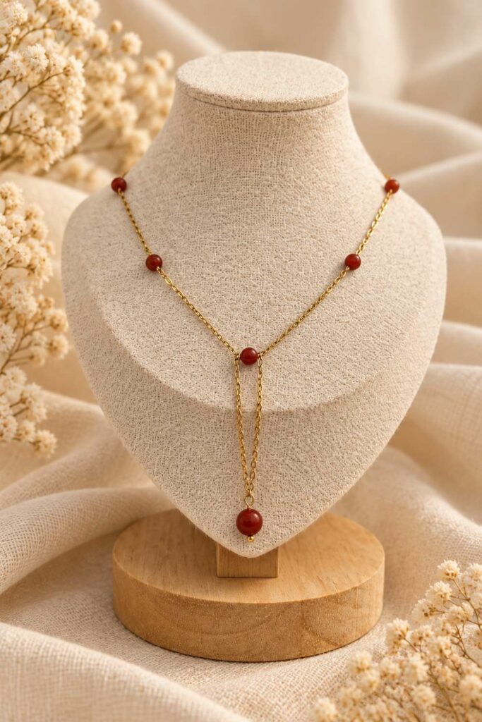 collier Y fait main avec des perles de jaspes rouges